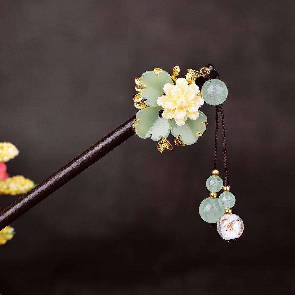 LightningStore Chinese Japanese Korean Traditional Hair Pin - Green Jade Color Vintage Flower Blossom - Hair Stick Bead Pins Retro Hair Tassel Pearls