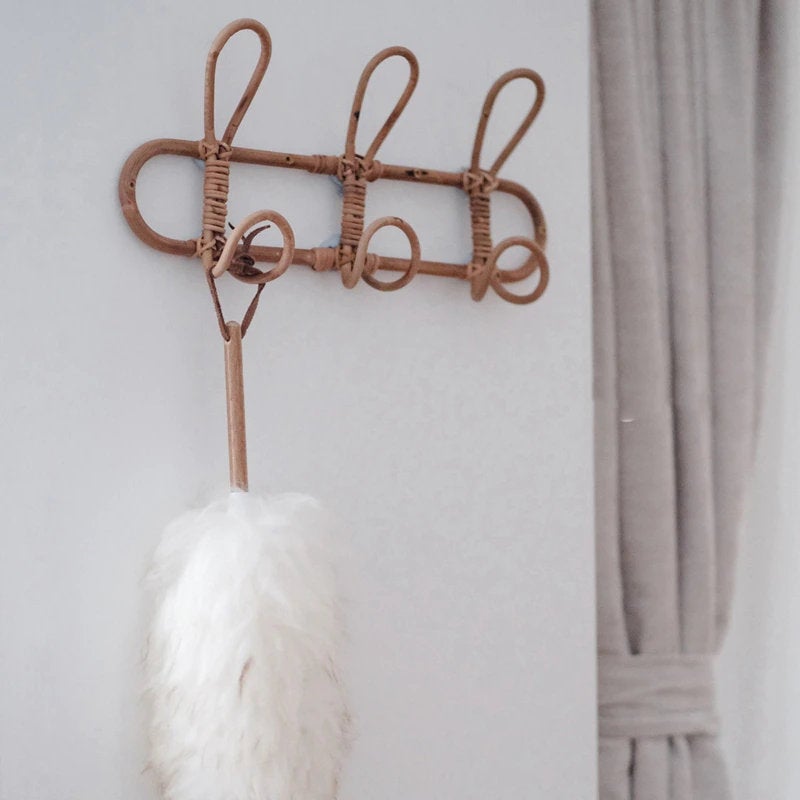 Rattan Hanging Wall Hooks Shelf - Kids Room Home Decor - Boho Hat