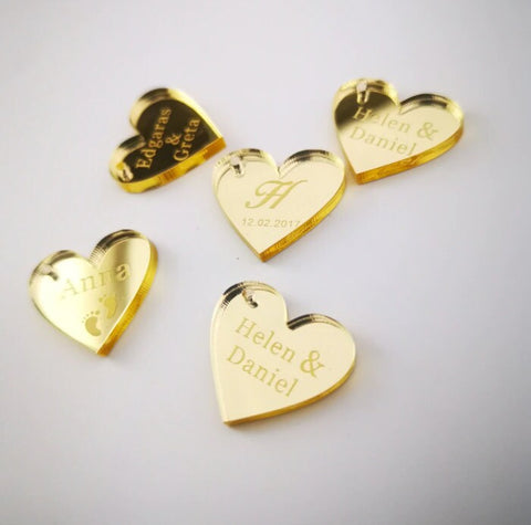 50 Pcs Custom Jewelry Tags, Heart Shaped, Clear, Mirrored, Personalized Text Engraving With Hole