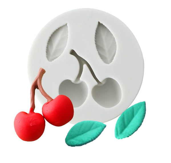 Cherry Fruit Silicone Mold - Cherries Stem Leaves Silicone Rubber Flexible Mould- Resin, Clay, Fondant, Gum Paste, Candy, Chocolate, Soap